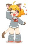  1girl 3yo4yo5yo blonde_hair boots cat furry open_mouth ponytail red_eyes solo 