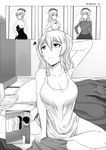  1girl alternate_costume backless_dress backless_outfit beret breasts casual cleavage collared_shirt comic commentary dress english_commentary greyscale hand_on_hip hat highres indian_style kantai_collection kashima_(kantai_collection) large_breasts monochrome pleated_skirt ribbed_shirt robba-san_(wangphing) shirt sitting skirt strapless strapless_dress sweatdrop twintails twitter_username wangphing 
