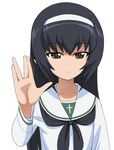  a1 bangs black_hair blouse brown_eyes commentary_request frown girls_und_panzer hairband long_hair long_sleeves ooarai_school_uniform reizei_mako salute school_uniform serafuku solo upper_body vulcan_salute white_blouse white_hairband 