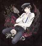  black_hair finger_licking grey_eyes highres licking long_sleeves looking_at_viewer male_focus open_mouth original shirt shovel skull suspenders tongue tongue_out tree west_potato white_shirt 