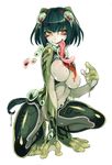  amber_eyes amphibian anthro blush breasts bubble crouching female green_hair hair horizontal_pupils humanoid kenkou_cross long_tongue looking_at_viewer monster_girl monster_girl_(genre) monster_girl_encyclopedia mucus_toad nipples nude pussy scalie simple_background slime smile solo toad tongue tongue_out white_background 