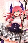  :d arano_oki bangs bare_shoulders blue_eyes blush breasts commentary_request corset cowboy_shot detached_sleeves dress elizabeth_bathory_(fate) elizabeth_bathory_(fate)_(all) eyebrows_visible_through_hair fang fate/grand_order fate_(series) holding holding_weapon horns long_hair looking_at_viewer microphone music open_mouth pink_hair pointy_ears polearm sarkany_csont_landzsa singing small_breasts smile solo spear v-shaped_eyebrows weapon 