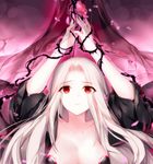  areola_slip areolae arms_up bound bound_wrists breasts cleavage collarbone detached_sleeves empty_eyes fate/zero fate_(series) flower gekka_nanako highres irisviel_von_einzbern large_breasts long_hair looking_at_viewer parted_lips petals plant red_eyes restrained silver_hair solo upper_body vines 