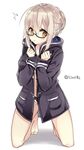  1girl ahoge artist_name artoria_pendragon_(all) bare_legs barefoot black-framed_eyewear black_panties blonde_hair breasts coat collarbone fate/grand_order fate_(series) full_body furrowed_eyebrows glasses hair_between_eyes hands_on_own_chest head_tilt hood hood_down hooded_coat kneeling lace lace-trimmed_panties legs_apart lingerie long_sleeves looking_at_viewer mysterious_heroine_x_(alter) nail_polish no_bra no_pants open_clothes open_coat panties pocket semi-rimless_eyewear shijima_(sjmr02) short_hair sidelocks simple_background sleeve_cuffs small_breasts solo surprised tareme toenail_polish twitter_username under-rim_eyewear underboob underwear white_background white_panties winter_clothes winter_coat yellow_eyes yellow_nails 