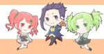  1boy 2girls blush boots chibi coat droite flower gauche green_eyes green_hair grin hair_ornament long_hair multiple_girls open_mouth pants purple_eyes purple_hair red_eyes red_hair shoes short_hair skirt smile tales_of_(series) tales_of_vesperia twintails yeager 