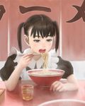  black_eyes black_hair bowl chopsticks cup eating food holding holding_chopsticks maid mujiha noodles open_mouth original ramen short_sleeves short_twintails solo steam teeth tongue twintails twintails_day 