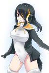  black_hair breasts brown_eyes commentary_request emperor_penguin_(kemono_friends) hair_over_one_eye headphones highlights highres hood hoodie kemono_friends large_breasts legs_apart leotard long_hair looking_at_viewer multicolored_hair open_clothes open_hoodie parted_lips shioya_mutsu simple_background solo sparkle thighhighs thighs turtleneck white_background white_legwear white_leotard 