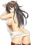  against_wall aran_sweater ass backless_dress backless_outfit bare_back blush breasts brown_eyes brown_hair butt_crack comord dress grey_sweater haruna_(kantai_collection) highres kantai_collection large_breasts long_hair looking_at_viewer looking_back meme_attire naked_sweater ribbed_sweater sideboob solo sweater sweater_dress turtleneck turtleneck_sweater virgin_killer_sweater 