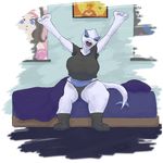  2017 anthro bed bedding big_breasts blanket bludragoon breasts clothed clothing eyes_closed female hilda_(pok&eacute;mon) ho-oh huge_breasts legendary_pok&eacute;mon legwear looking_at_viewer lugia nintendo nipples open_mouth panties picture_frame pillow pok&eacute;mon shirt socks stretching thick_thighs underwear video_games wall_scroll wide_hips 