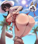  2girls ass assisted_exposure bent_over bikini black_hair breasts curvy day erect_nipples filia_(skullgirls) from_behind hat heart highres hips huge_ass huge_breasts kobi_oh legs lens_flare looking_back multiple_girls outdoors palm_tree red-framed_eyewear red_bikini red_eyes robo-fortune shiny shiny_hair shiny_skin side-tie_bikini skullgirls solo_focus sun sun_hat sunglasses swimsuit thick_thighs thighs tree wet white_hat wide_hips 