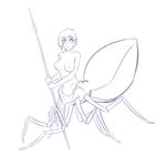  arachne arachnid arthropod breasts clothed clothing female hair humanoid hybrid line_art looking_at_viewer melee_weapon monster_girl_(genre) multi_eye nipples polearm short_hair simple_background sketch slim smile spear thundragon topless weapon white_background 