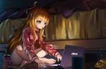  asus bare_legs barefoot bed blonde_hair blue_eyes c.mi computer dark feet food gabriel_dropout highres indian_style jacket laptop long_hair messy_hair mouse mouth_hold on_floor pocky sitting solo tenma_gabriel_white toes track_jacket very_long_hair 