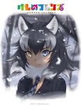  animal_ears black_shirt copyright_name fang fang_out fur_collar gradient_hair grey_wolf_(kemono_friends) heterochromia kemono_friends logo looking_at_viewer multicolored_hair necktie plaid plaid_neckwear shirt snow solo tree two-tone_hair watermark wolf_ears yoshizaki_mine 