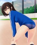  1girl annoyed artist_request ass bent_over black_hair blush breasts brown_eyes buruma from_behind gym_clothes leaning leaning_forward looking_at_viewer open_mouth original parted_lips shiny shiny_skin short_hair sideboob solo track_jacket 