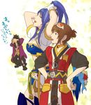  1boy 2girls belt black_hair blue_hair boots breasts brown_hair choker coat gloves goggles green_eyes jewelry judith long_hair midriff multiple_girls open_mouth pants pointy_ears ponytail purple_eyes raven_(tov) rita_mordio shoes short_hair skirt tales_of_(series) tales_of_vesperia thighhighs 