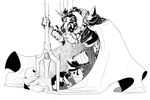  animated_skeleton armor asgore_dreemurr beard black_and_white bone boss_monster cape caprine chain clothing crown facial_hair goat horn jazzycat long_ears mammal melee_weapon monochrome pinned polearm sans_(undertale) simple_background skeleton trident undead undertale video_games weapon white_background 