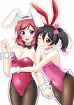  7nanappe ;d animal_ears arm_at_side bare_arms bare_shoulders black_bow black_hair black_neckwear black_ribbon bow bowtie breast_grab breasts brown_legwear bunny_ears bunny_girl bunnysuit cleavage clenched_hand collarbone covered_navel cowboy_shot detached_collar fake_animal_ears fishnet_pantyhose fishnets fur-trimmed_gloves fur_trim gloves grabbing grabbing_from_behind grin hair_bow hairband highres large_breasts leaning_forward legs_together leotard looking_at_viewer love_live! love_live!_school_idol_project multiple_girls nishikino_maki one_eye_closed open_mouth pantyhose pink_bow pink_legwear pink_leotard purple_eyes red_eyes red_hair red_leotard ribbon short_twintails side-tie_leotard simple_background skin_tight small_breasts smile standing strapless strapless_leotard tareme teeth twintails wavy_mouth white_background white_gloves wrist_cuffs yazawa_nico 