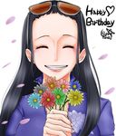  ^_^ black_hair closed_eyes crying eyewear_on_head floral_print flower forehead grin happy happy_birthday happy_tears highres holding holding_flower jacket long_hair nico_robin one_piece petals simple_background smile solo sunglasses tears white_background 