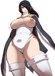  agovitch bad_id bad_pixiv_id black_hair breasts breasts_outside brown_eyes cameltoe closed_mouth emperor_penguin_(kemono_friends) from_below hair_over_one_eye headphones highlights hood hoodie inverted_nipples kemono_friends large_breasts leotard long_hair multicolored_hair nipples open_clothes open_hoodie simple_background smile solo thighhighs thighs turtleneck white_background white_legwear white_leotard 