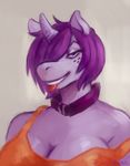  anthro big_breasts breasts cleavage clothed clothing collar female grin hair hair_over_eye horn infinitesimal lipstick looking_at_viewer makeup smile solo 