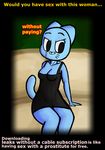  2017 anthro blue_fur breasts cartoon_network cat cleavage clothed clothing digital_media_(artwork) english_text feline female fur invalid_tag lingerie mammal nicole_watterson parody prostitution simple_background sitting solo text the_amazing_world_of_gumball whiskers zambs 