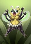  2_toes 3_fingers 4_arms anthro anthrofied black_skin cutiefly empty_eyes female fur green_background j_hughes long_nose multi_arm multi_limb navel nintendo nipples open_mouth open_smile pink_areola pink_nipples pok&eacute;mon pussy simple_background smile toes video_games white_fur yellow_skin 