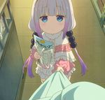  beads blue_eyes clothes_pull dress expressionless eyebrows_visible_through_hair frilled_dress frills gradient_hair hair_beads hair_ornament highres holding_shirt kanna_kamui kobayashi-san_chi_no_maidragon looking_at_viewer multicolored_hair out_of_frame pov screencap shoes shop solo_focus stitched third-party_edit twintails uwabaki 