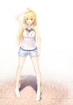  absurdres arm_above_head blonde_hair blush breasts denim denim_shorts drill_hair hair_between_eyes highres jewelry large_breasts long_hair miura_yumiko necklace nentsuchi open_mouth pigeon-toed sandals shorts smile solo white_background yahari_ore_no_seishun_lovecome_wa_machigatteiru. yellow_eyes 