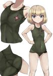  &gt;:( bad_id bad_pixiv_id blonde_hair blue_eyes covered_navel cowboy_shot emblem frown girls_und_panzer green_swimsuit hands_on_hips highres katyusha looking_at_viewer pravda_(emblem) school_uniform short_hair sikijou77o solo standing swimsuit v-shaped_eyebrows white_background 