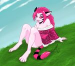  animal_humanoid bare_legs breasts cat cat_humanoid cleavage clothed clothing feline female grass hair humanoid invalid_tag japanese_clothing kimono looking_at_viewer mammal manedfiredrake nya-nya outside pink_eyes pink_hair pink_skin rare_character sitting smile solo teen_titans 