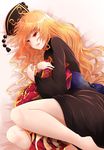  arano_oki bangs black_dress commentary_request crescent dress hat junko_(touhou) long_hair long_sleeves lying on_side orange_hair parted_lips red_eyes sash smile solo tabard tabard_removed touhou wide_sleeves 