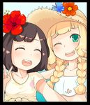  ;d ^_^ ^o^ arm_around_shoulder bangs black_border black_hair blunt_bangs blush border braid breasts closed_eyes floral_print flower green_eyes hair_flower hair_ornament happy hat lillie_(pokemon) long_hair looking_at_viewer mizuki_(pokemon) multiple_girls navel one_eye_closed open_mouth pokemon pokemon_(game) pokemon_sm pose self_shot shirt short_hair short_sleeves small_breasts smile straw_hat swimsuit taking_picture tied_shirt twin_braids upper_body v white_bikini_top yuno_(mioalice) 