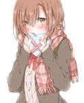  blush box brown_eyes brown_hair heart-shaped_box hiro_(hirohiro31) misaka_mikoto scarf short_hair solo to_aru_majutsu_no_index valentine 