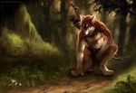  anthro arrow black_nose bow brown_fur canine crouching detailed_background digitigrade forest fur grass male mammal outside rhyu solo tree wolf 