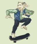  2017 3_toes 4_fingers anthro ariel_lin asriel_dreemurr boss_monster caprine claws clothed clothing fur goat horn long_ears male mammal open_mouth simple_background skateboard skateboarding smile solo toe_claws toes undertale video_games white_fur 