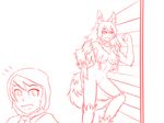  ambiguous_gender anthro breasts canine chain collar duo female fur hair hand_on_hip hellhound hood long_hair mammal monster_girl monster_girl_(genre) monster_girl_encyclopedia nude open_mouth simple_background sketch smile standing tassels thundragon white_background 