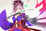 asymmetrical_hair blue_eyes blurry breasts cleavage commentary_request depth_of_field earrings fate/grand_order fate_(series) hair_ornament highres japanese_clothes jewelry katana kimono large_breasts long_hair long_sleeves looking_at_viewer magatama miyamoto_musashi_(fate/grand_order) navel over_shoulder perspective pink_hair pointing_sword poligon_(046) ponytail sheath sheathed simple_background smile solo sword sword_over_shoulder unsheathed weapon weapon_over_shoulder 