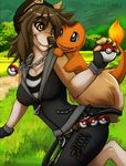  anthro brown_eyes canine charmander clothed clothing day detailed_background dog duo female feral grass mammal nintendo outside pok&eacute;ball pok&eacute;mon size_difference smile smole video_games wolflady 