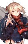 absurdres ahoge artoria_pendragon_(all) blonde_hair braid commentary_request fate/grand_order fate_(series) garter_straps highres index_finger_raised jacket looking_at_viewer mysterious_heroine_x_(alter) orange_eyes plaid plaid_scarf ranf red_scarf scarf school_uniform serafuku solo thighhighs 
