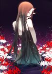  back bare_shoulders battleship_hime black_dress black_hair dress floral_background flower horns kantai_collection long_hair looking_at_viewer looking_back parted_lips partially_translated ping_(0723) red_eyes shinkaisei-kan solo spider_lily translation_request very_long_hair water 