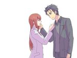  1girl alternate_costume belt black_hair blue_eyes brown_eyes brown_hair couple cowboy_shot facial_hair formal hand_on_another's_face hetero labcoat long_hair looking_at_another makise_kurisu necktie ocha_(mgmg_ok) okabe_rintarou open_mouth pants pen_in_pocket short_hair steins;gate stubble suit vest white_background 