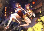  animal animal_ears animal_on_shoulder bird bird_on_shoulder black_hair bracelet breasts chick china_dress chinese_clothes cityscape cleavage cleavage_cutout commentary_request dress fireworks fox_ears fox_tail full_body fur jewelry lampion large_breasts looking_at_viewer medium_breasts multiple_girls night obi original red_eyes sash short_dress short_hair smile sunshine_(1638509769) tail thighhighs white_legwear yellow_eyes 