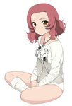  a1 alternate_costume bangs bare_legs between_legs brown_eyes chain_necklace commentary_request from_side full_body girls_und_panzer hand_between_legs indian_style looking_at_viewer own_hands_together panties parted_bangs parted_lips pink_panties red_hair rosehip shirt short_hair simple_background sitting solo t-shirt underwear white_background white_legwear white_shirt 