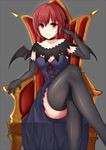  bat_hair_ornament bat_wings black_dress black_legwear breasts cleavage collar crossed_legs demon_girl dress earrings elbow_gloves gabriel_dropout gloves hair_ornament hair_rings hair_tousle jewelry kurumizawa_satanichia_mcdowell long_hair looking_at_viewer medium_breasts parted_lips red_hair sitting smile solo thighhighs throne wings xiao_long_o yellow_eyes 