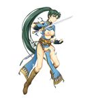  1girl breasts clenched_teeth dress fire_emblem fire_emblem:_rekka_no_ken fire_emblem_heroes full_body green_eyes green_hair holding holding_weapon long_ponytail lyndis_(fire_emblem) medium_breasts nipples photoshop pubic_hair solo sword torn_clothes weapon 