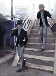  bad_id bad_pixiv_id black_hair blazer blonde_hair final_fantasy final_fantasy_xv isakawa_megumi jacket male_focus multiple_boys necktie noctis_lucis_caelum prompto_argentum school_uniform stairs suitcase 