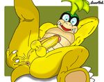  2017 animal_genitalia anthro anus balls barefoot butt digital_media_(artwork) erection eyewear front_view gaping gaping_anus glasses hair holding_butt humanoid_penis iggy_koopa koopa koopaling legs_up looking_at_viewer lusarthel lying male mario_bros nintendo nude on_back open_mouth penis perineum presenting presenting_anus presenting_hindquarters raised_leg scalie sharp_teeth shell-less signature simple_background smile solo spread_anus spread_legs spreading teeth tongue video_games young 