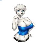  2019 5_fingers absurd_res alexis_bishop_(lildredre) anthro belt big_breasts black_nose blue_eyes breasts cleavage clothed clothing digital_media_(artwork) ear_piercing female fur hair hi_res hotbento huge_breasts looking_at_viewer mammal midsection navel piercing polar_bear simple_background smile solo standing tube_top ursid ursine voluptuous white_background white_fur wide_hips 