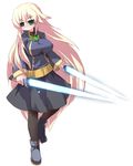  bangs black_legwear blonde_hair full_body green_eyes jacket long_hair long_sleeves macrolin pantyhose skirt solo sora_(suguri) suguri sword very_long_hair weapon 