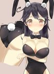  ahoge animal_ears ass bare_shoulders blush bow bowtie breast_hold breasts brown_eyes bunny_ears bunny_girl bunny_tail bunnysuit cleavage collarbone commentary_request covered_navel detached_collar embarrassed fake_animal_ears highres kantai_collection large_breasts long_hair looking_at_viewer solo tail ushio_(kantai_collection) wrist_cuffs yamato_(muchuu_paradigm) 